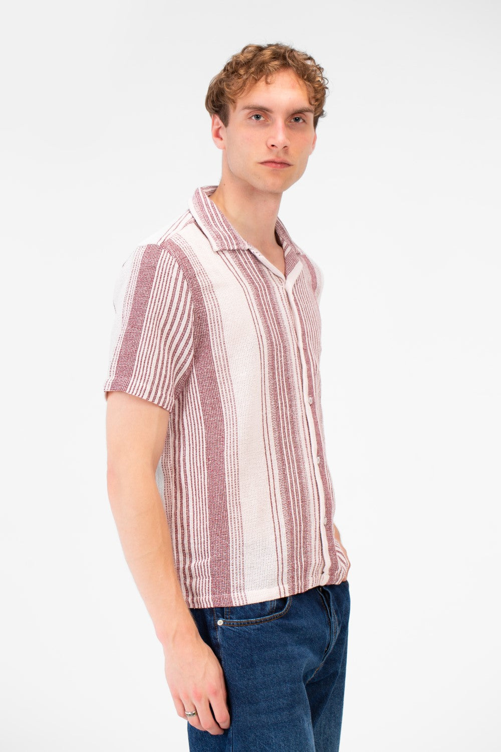 Men's Tomato Store Textured Waffle Knit Fabric Vertical Stripe Pattern Front Button Down Shirt