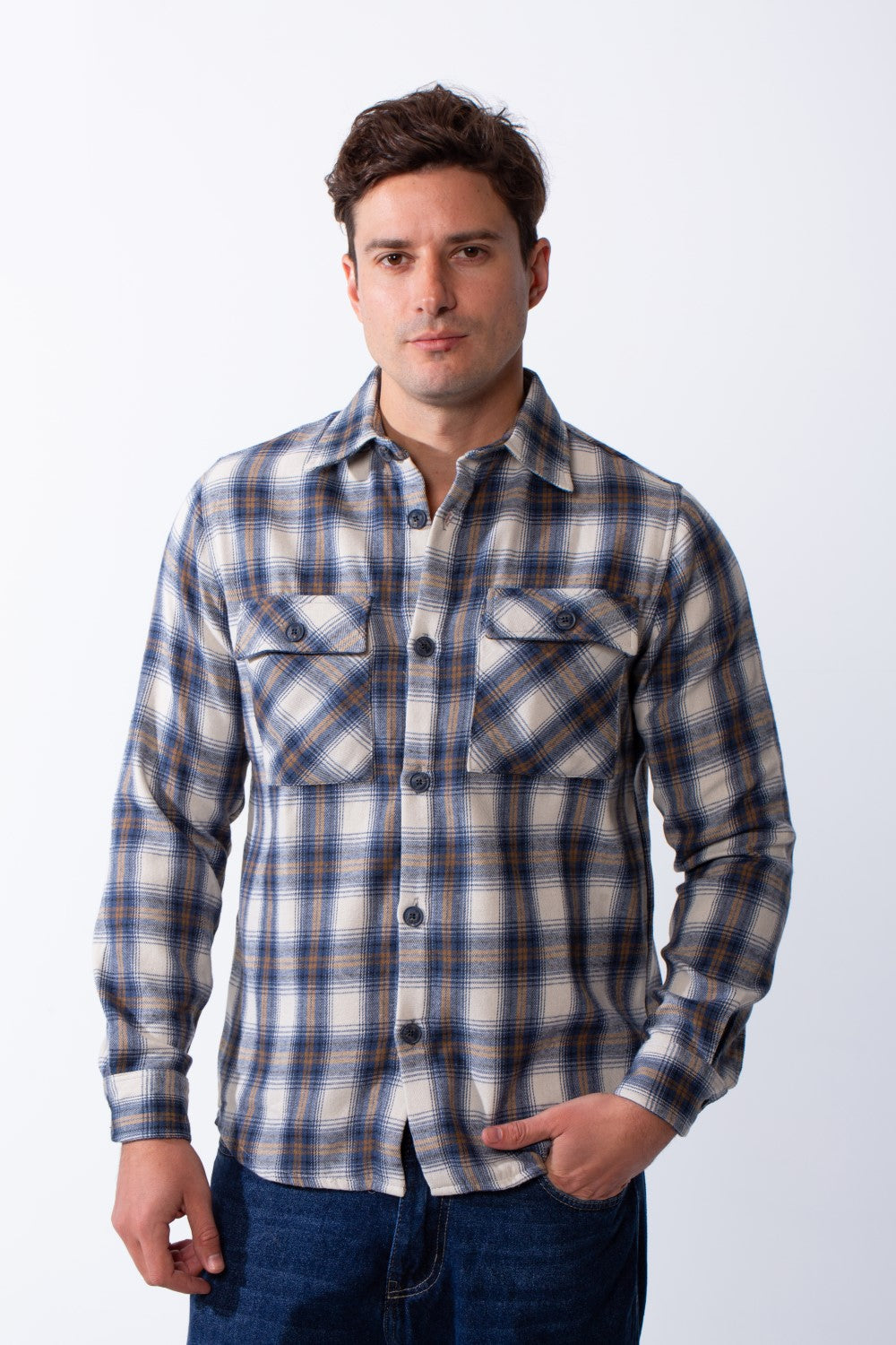 Men's Classic Neck Button Flip Chest Pockets Full Button Closure Plaid Pattern Smart Casual Regular Fit Shirt