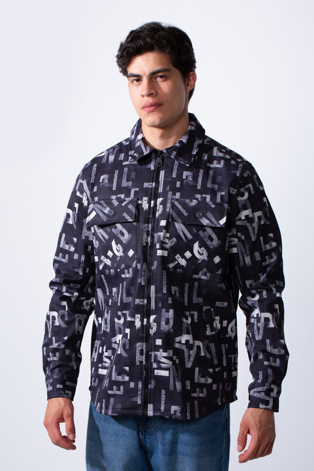 Men's Classic Neck Long Sleeve Printed Textured Fabric Chest Pocket Jakar Shirt