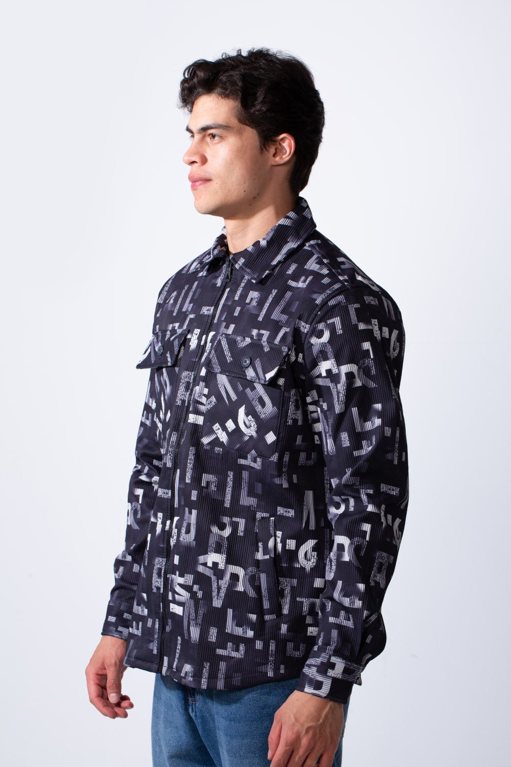 Men's Classic Neck Long Sleeve Printed Textured Fabric Chest Pocket Jakar Shirt