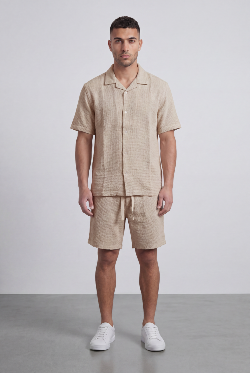 Men’s Tomato Store Airy Knit Resort Co-Ord Open Collar Textured Surface Button Front Regular Fit Outfit