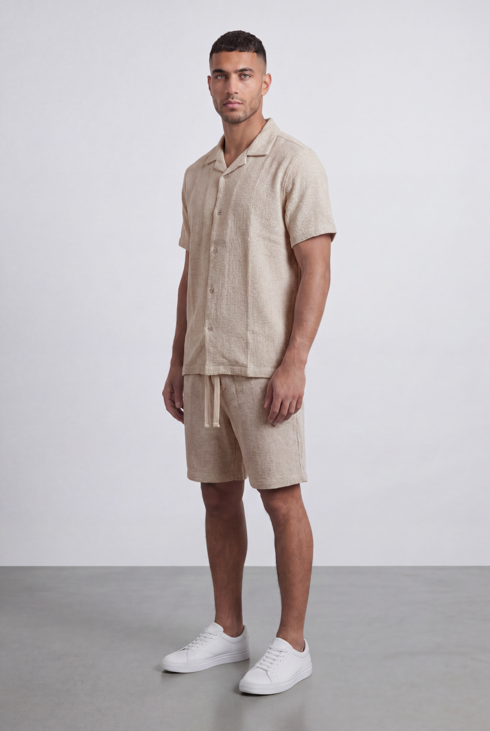 Men’s Tomato Store Airy Knit Resort Co-Ord Open Collar Textured Surface Button Front Regular Fit Outfit