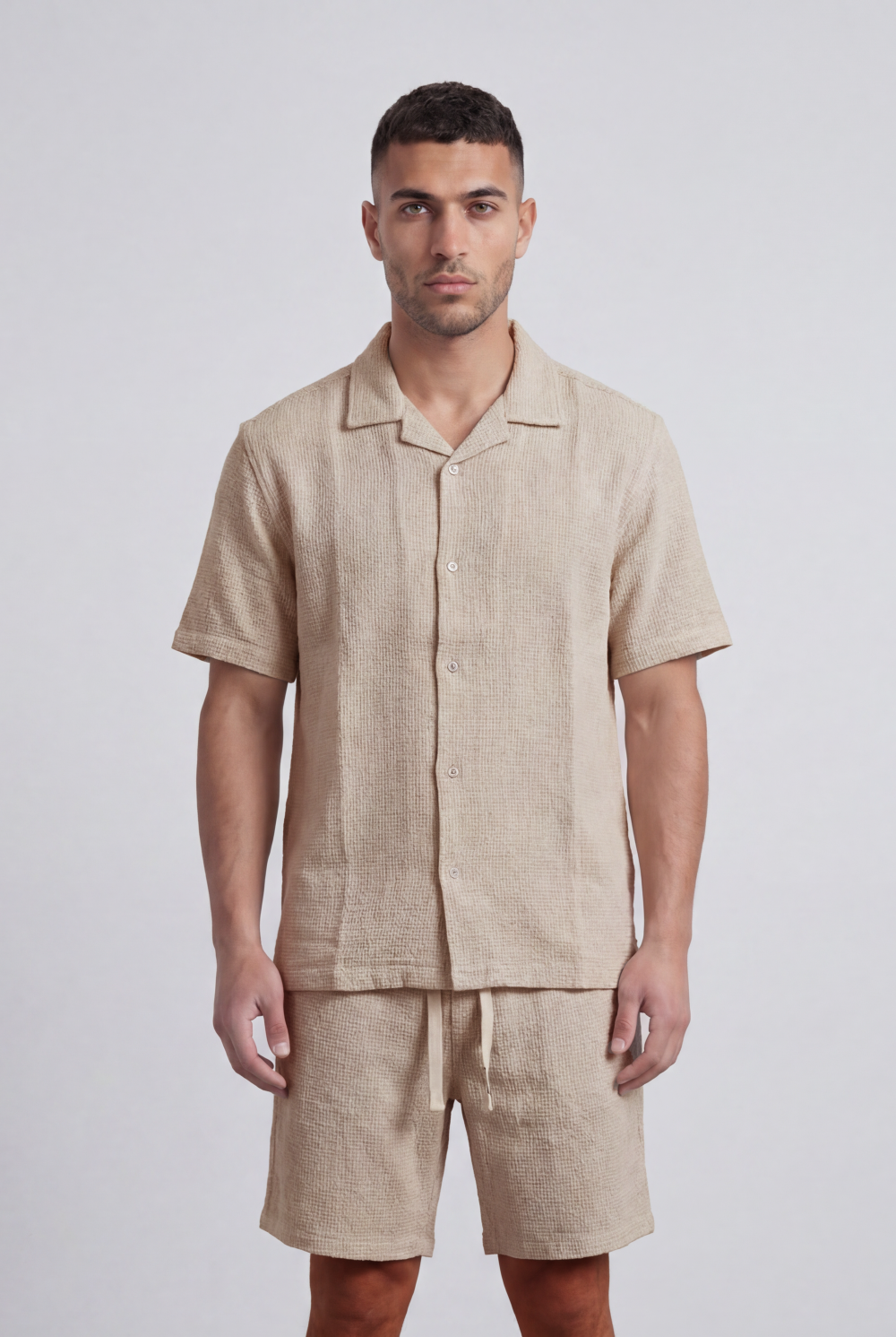 Men’s Tomato Store Airy Knit Resort Co-Ord Open Collar Textured Surface Button Front Regular Fit Outfit