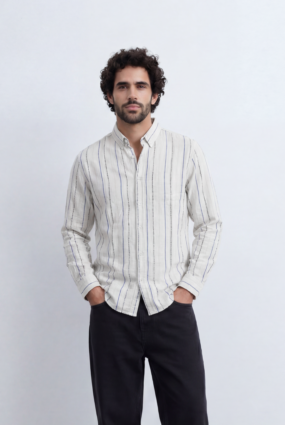 Men’s Tomato Store Vertical Stripe Shirt Lightweight Woven Fabric Button Down Collar Slim Smart Casual Fit