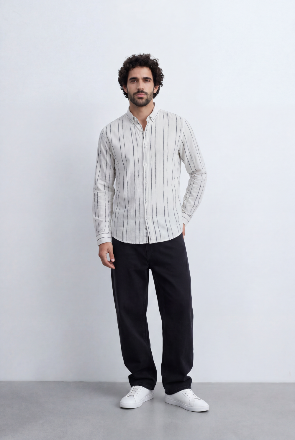 Men’s Tomato Store Vertical Stripe Shirt Lightweight Woven Fabric Button Down Collar Slim Smart Casual Fit