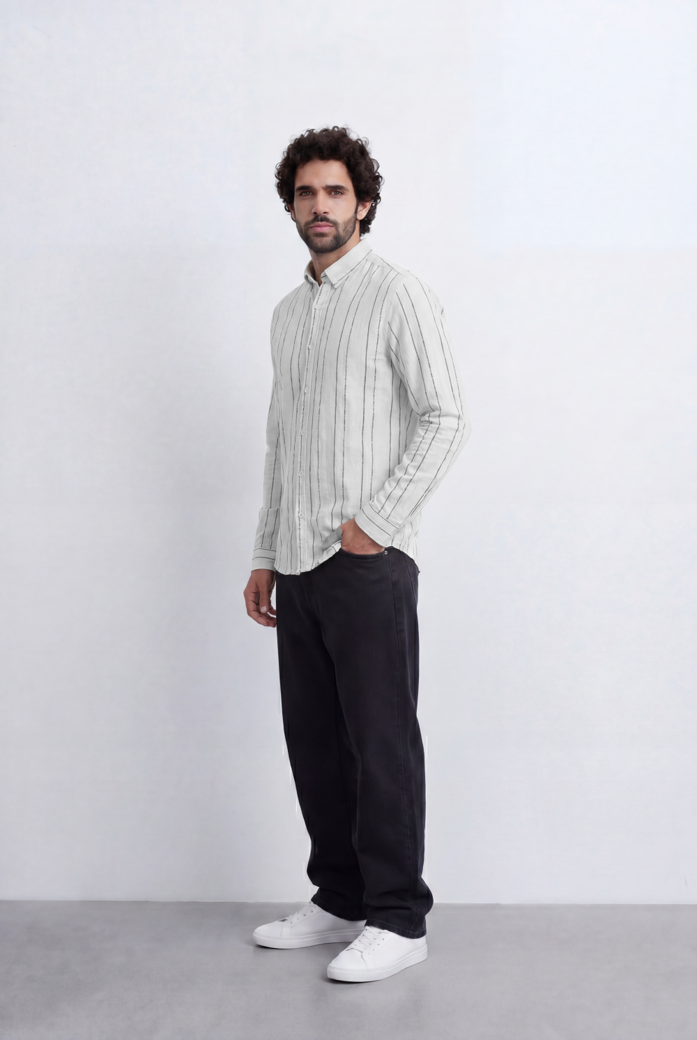 Men’s Tomato Store Vertical Stripe Shirt Lightweight Woven Fabric Button Down Collar Slim Smart Casual Fit