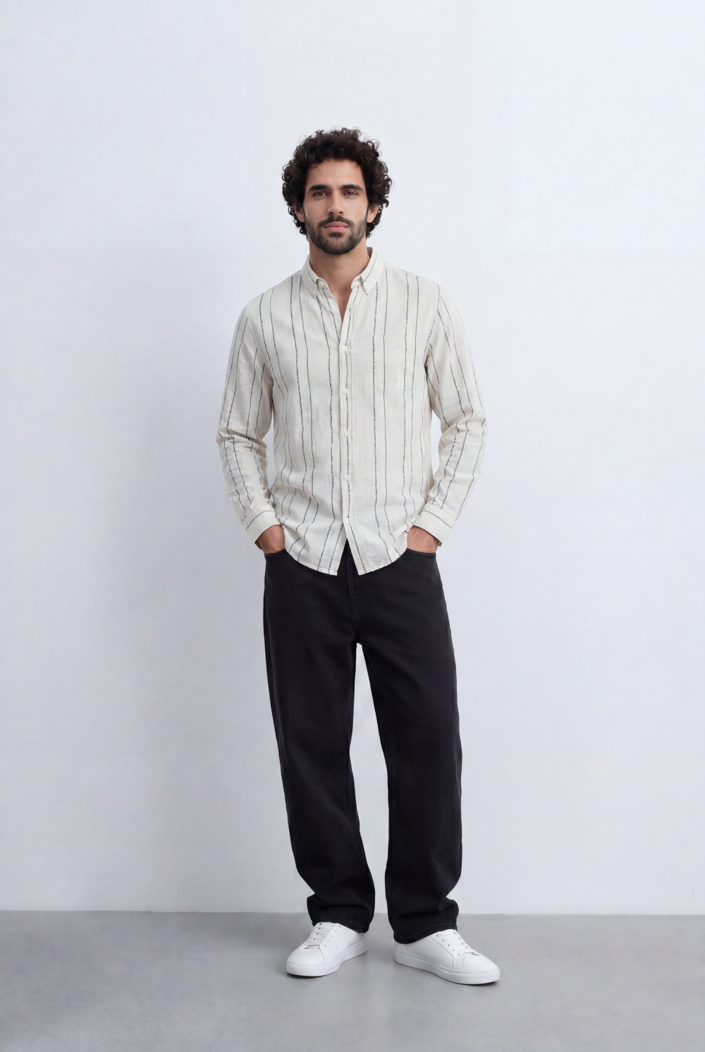 Men’s Tomato Store Vertical Stripe Shirt Lightweight Woven Fabric Button Down Collar Slim Smart Casual Fit