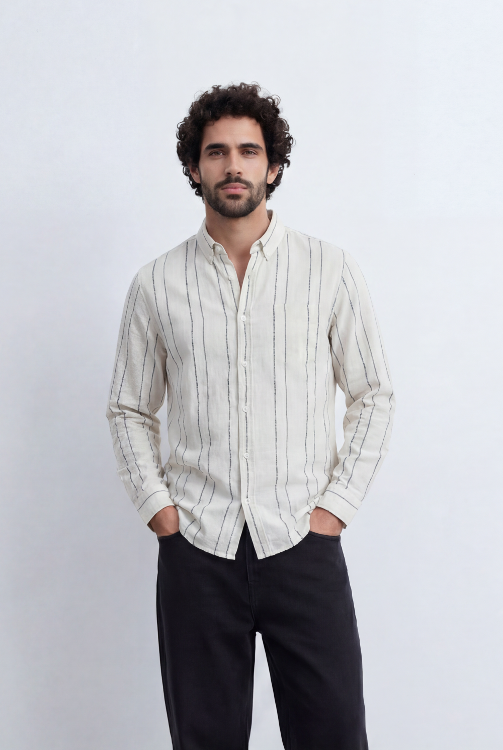 Men’s Tomato Store Vertical Stripe Shirt Lightweight Woven Fabric Button Down Collar Slim Smart Casual Fit