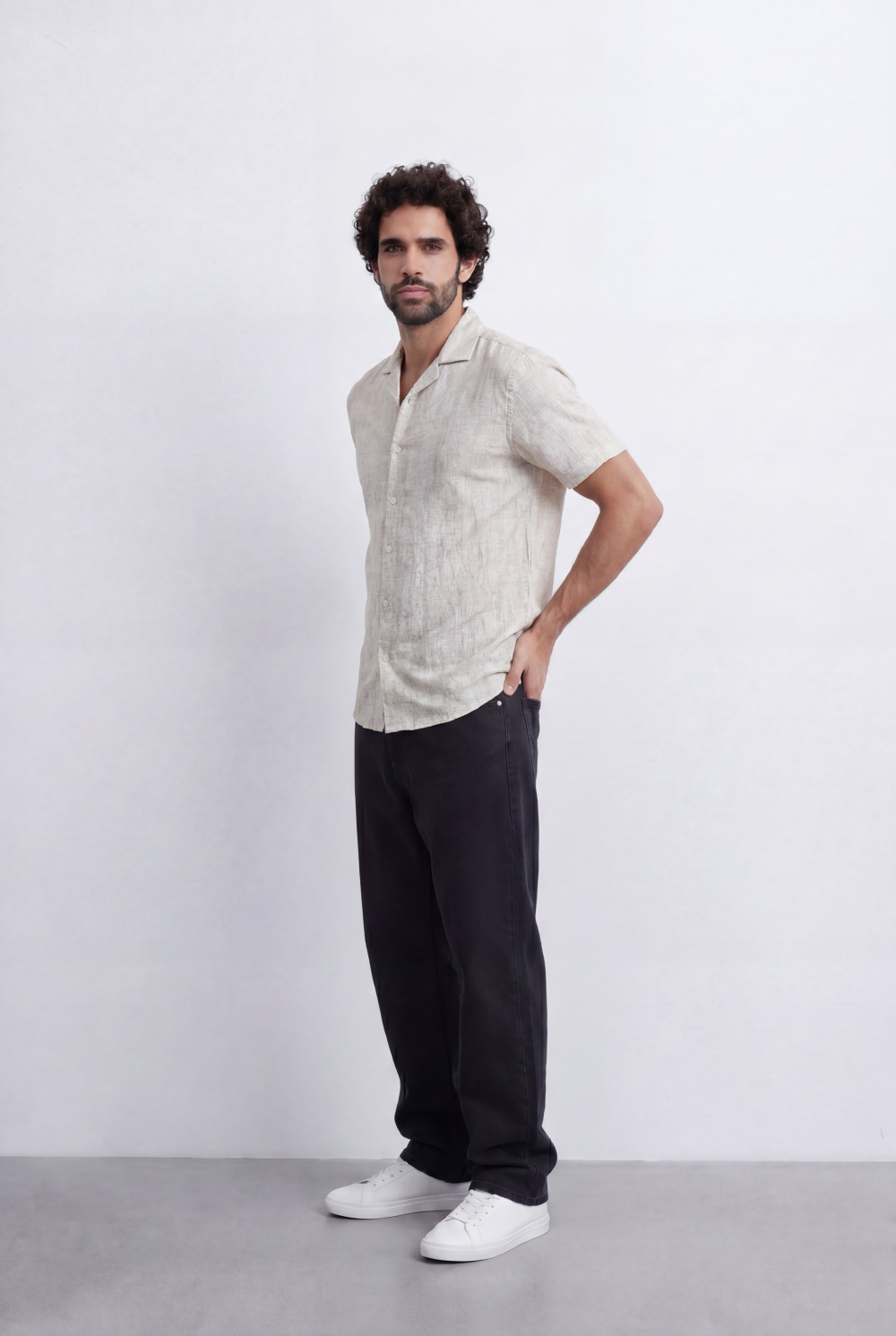 Men’s Tomato Store Resort Collar Shirt Linen Blend Texture Short Sleeve Button Front