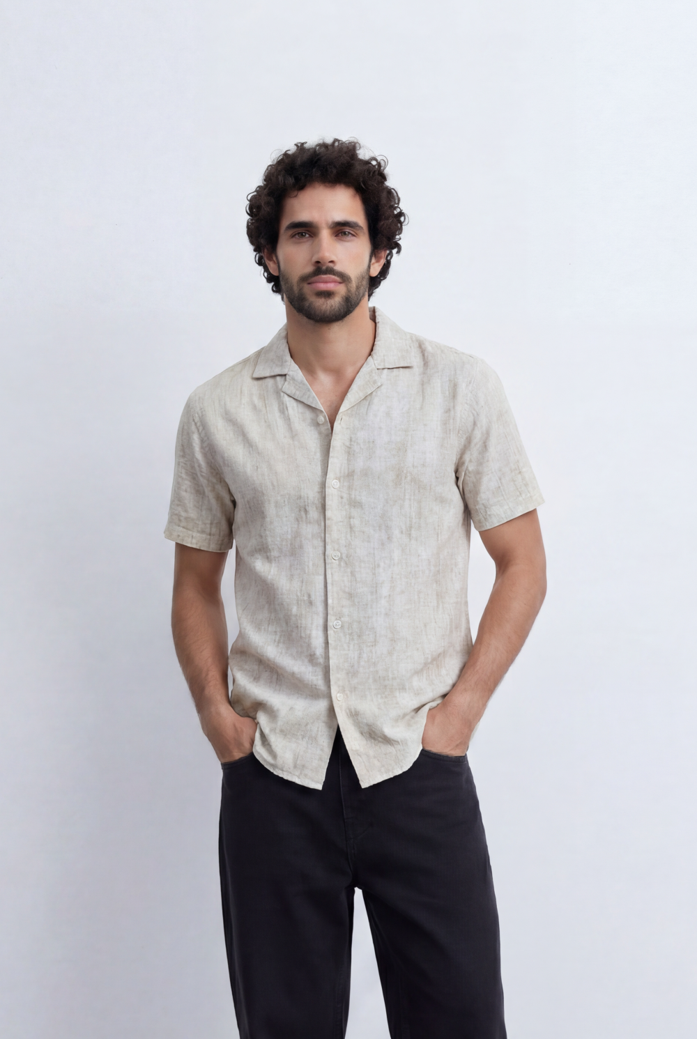 Men’s Tomato Store Resort Collar Shirt Linen Blend Texture Short Sleeve Button Front