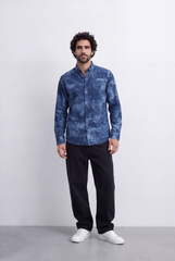 Men's Slim Fit Long Sleeve Denim Jacquard Shirt All-Over Washed Graffiti Print Casual Style Tomato Store