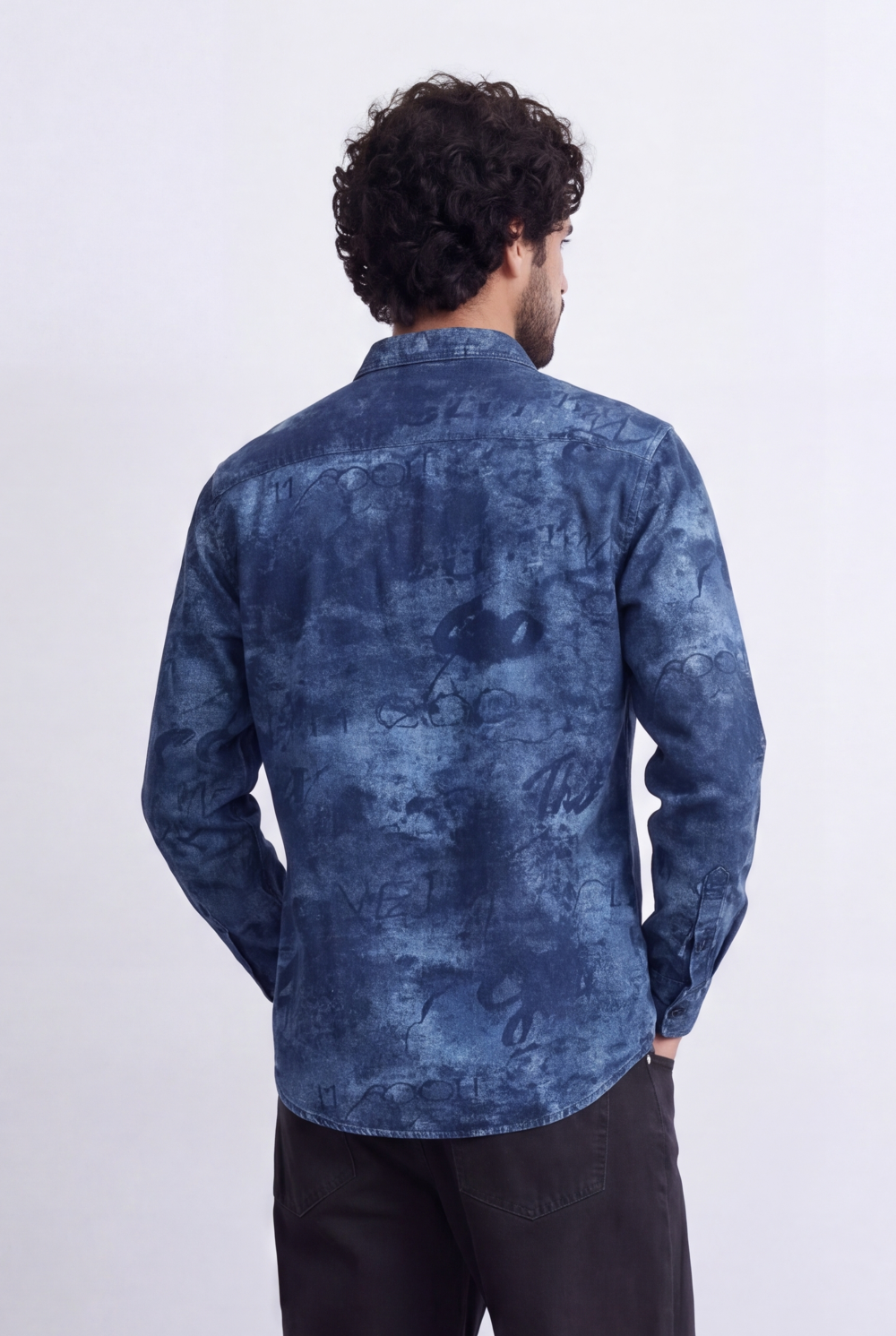 Men's Slim Fit Long Sleeve Denim Jacquard Shirt All-Over Washed Graffiti Print Casual Style Tomato Store