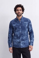 Men's Slim Fit Long Sleeve Denim Jacquard Shirt All-Over Washed Graffiti Print Casual Style Tomato Store
