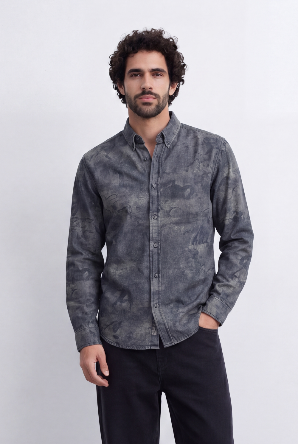 Men's Slim Fit Long Sleeve Denim Jacquard Shirt All-Over Washed Graffiti Print Casual Style Tomato Store