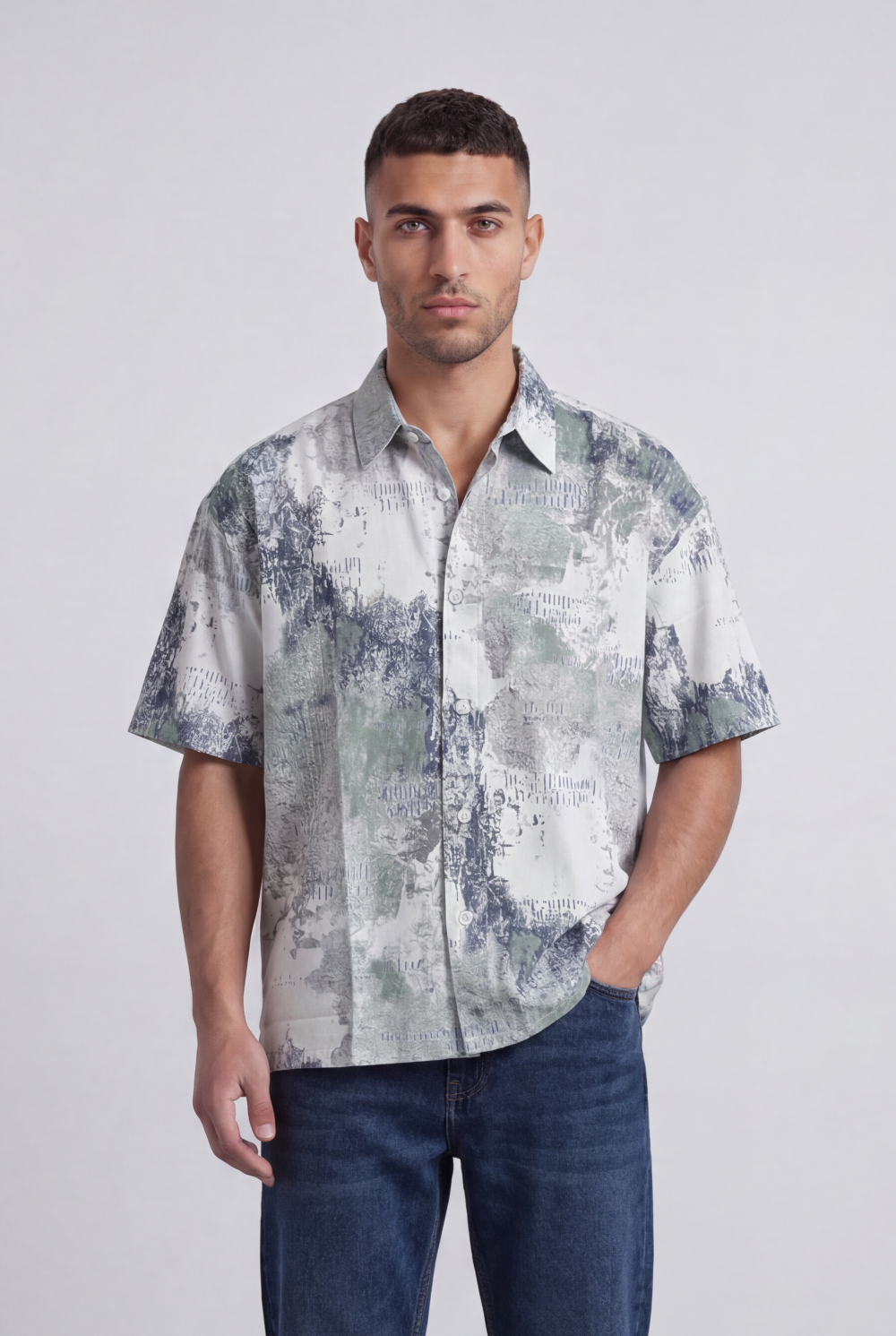 Men’s Tomato Store Grunge Canvas Bowling Shirt Boxy Cut Allover Distressed Artwork