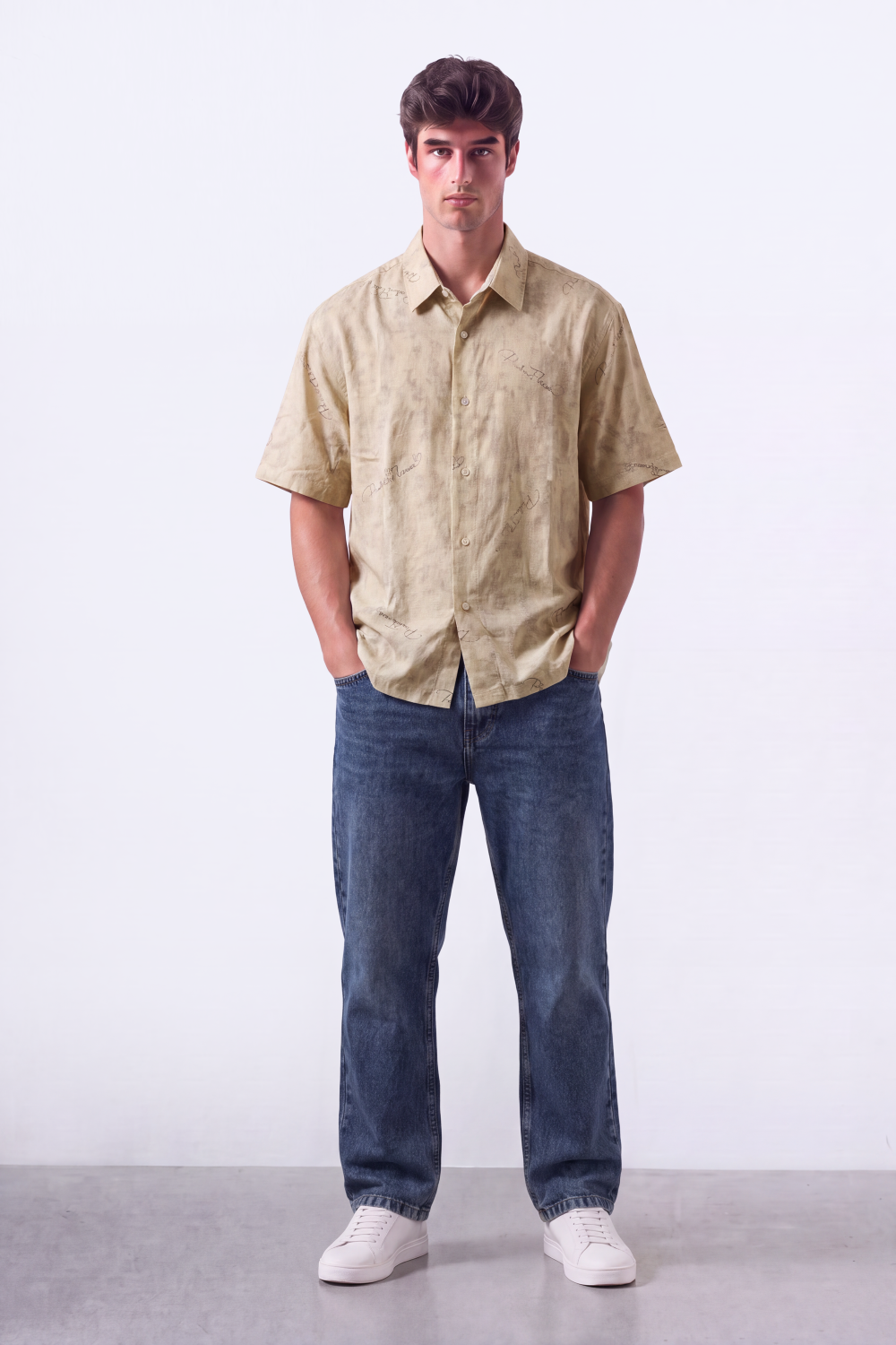 Men's Tomato Store Summer Blend Shirt Allover Script Embroidery Textured Woven Finish Box Short Sleeve Fit