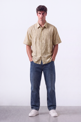 Men's Tomato Store Summer Blend Shirt Allover Script Embroidery Textured Woven Finish Box Short Sleeve Fit