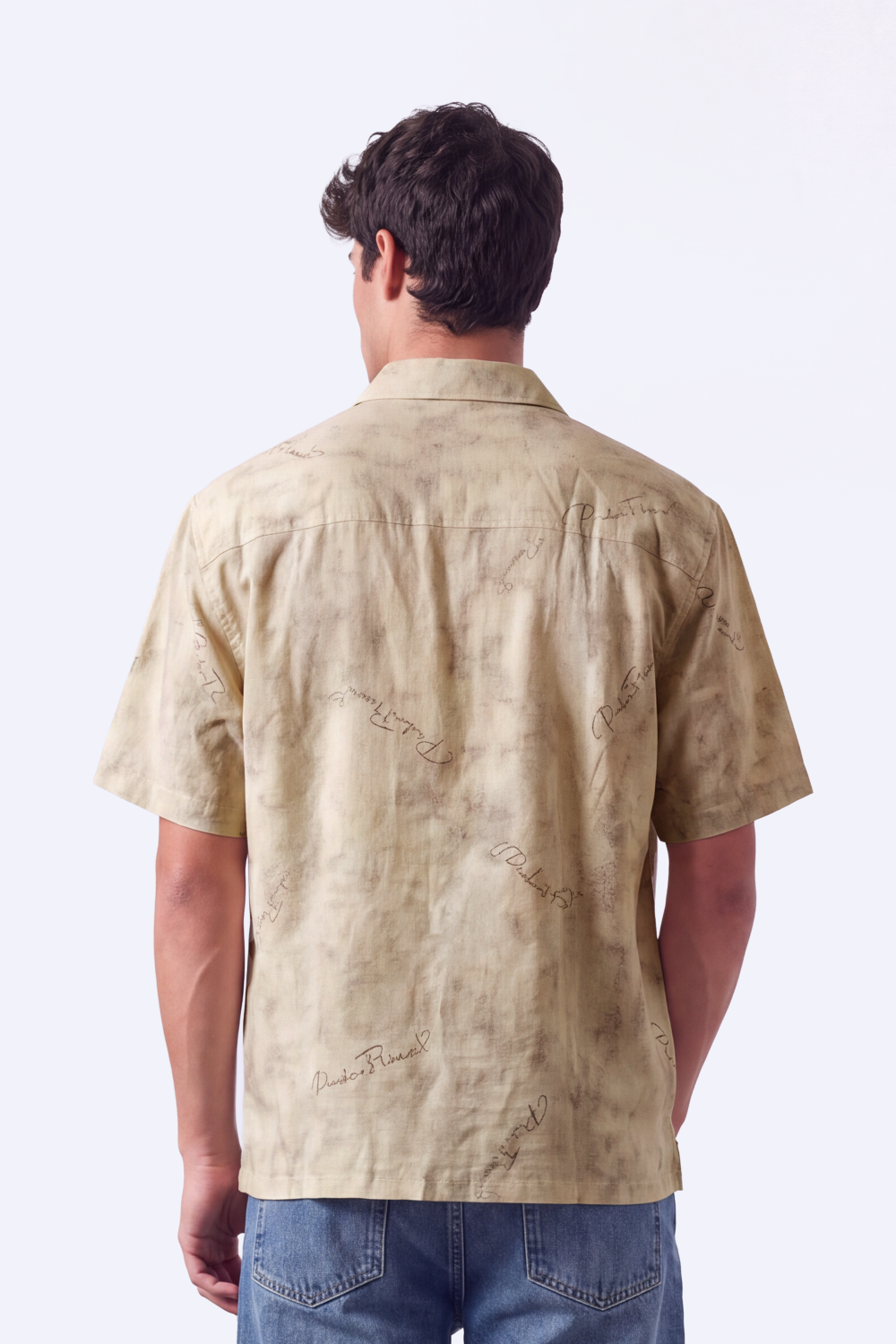 Men's Tomato Store Summer Blend Shirt Allover Script Embroidery Textured Woven Finish Box Short Sleeve Fit