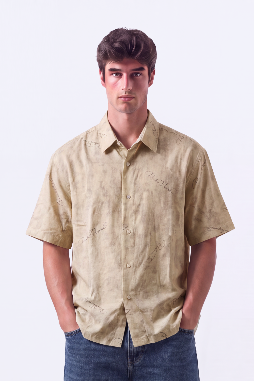 Men's Tomato Store Summer Blend Shirt Allover Script Embroidery Textured Woven Finish Box Short Sleeve Fit