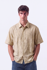 Men's Tomato Store Summer Blend Shirt Allover Script Embroidery Textured Woven Finish Box Short Sleeve Fit
