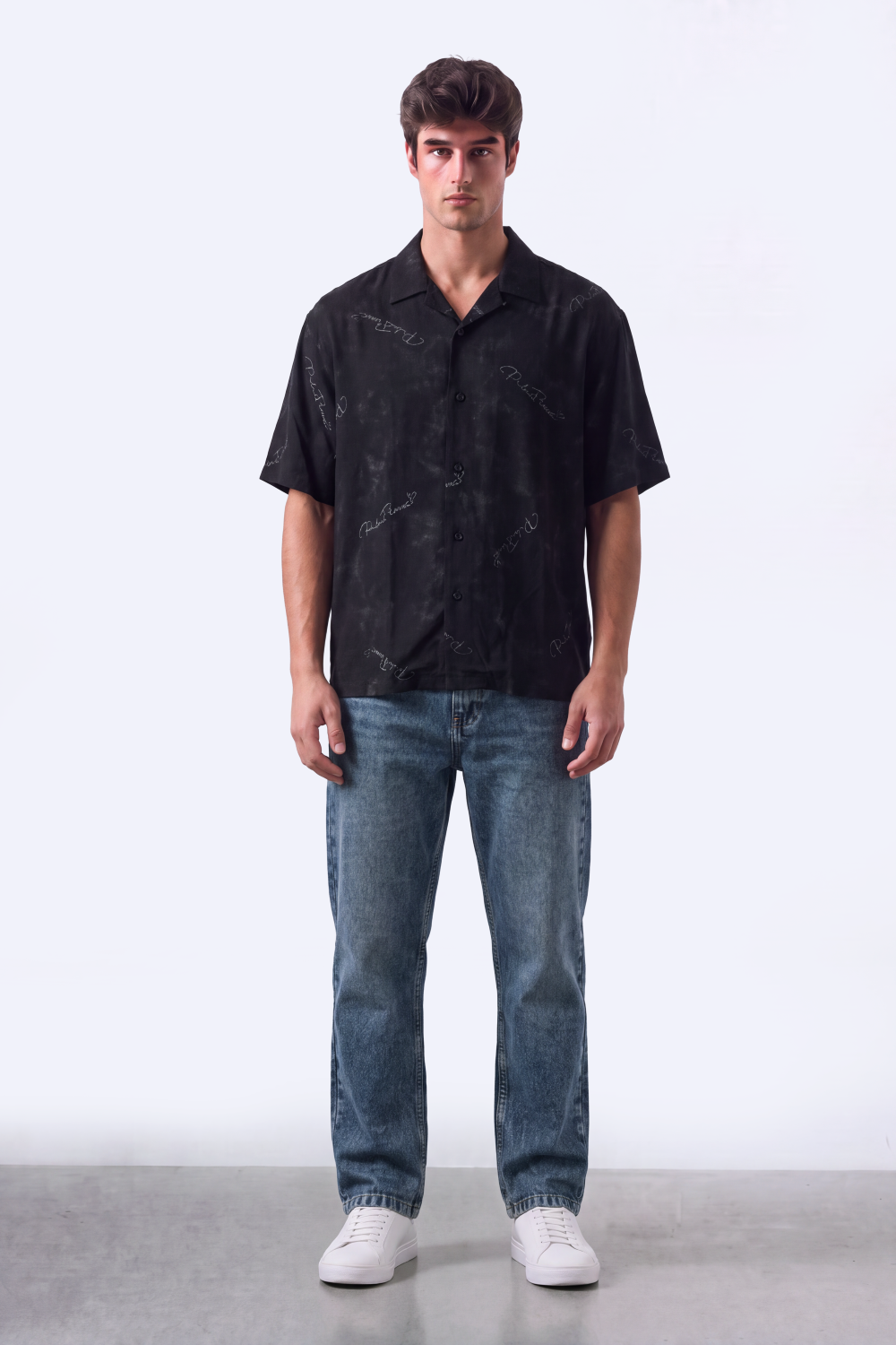 Men's Tomato Store Summer Blend Shirt Allover Script Embroidery Textured Woven Finish Box Short Sleeve Fit