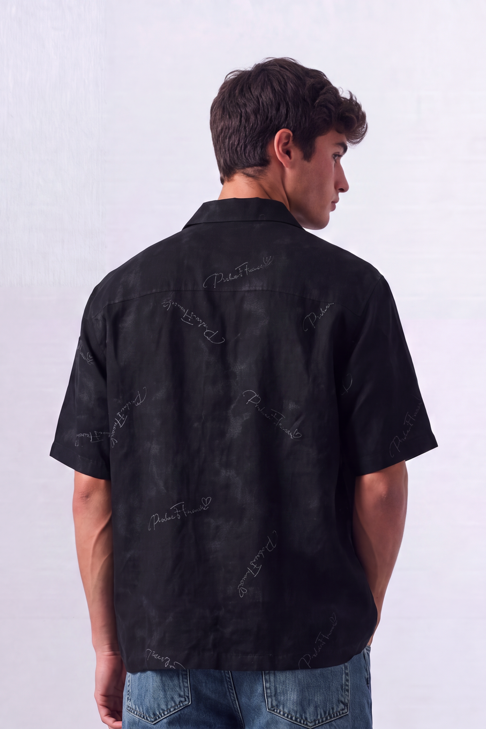 Men's Tomato Store Summer Blend Shirt Allover Script Embroidery Textured Woven Finish Box Short Sleeve Fit