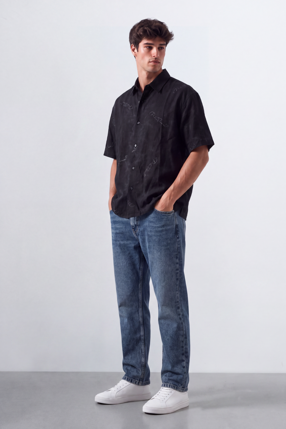 Men's Tomato Store Summer Blend Shirt Allover Script Embroidery Textured Woven Finish Box Short Sleeve Fit