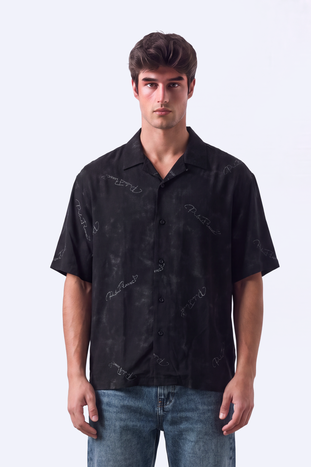Men's Tomato Store Summer Blend Shirt Allover Script Embroidery Textured Woven Finish Box Short Sleeve Fit