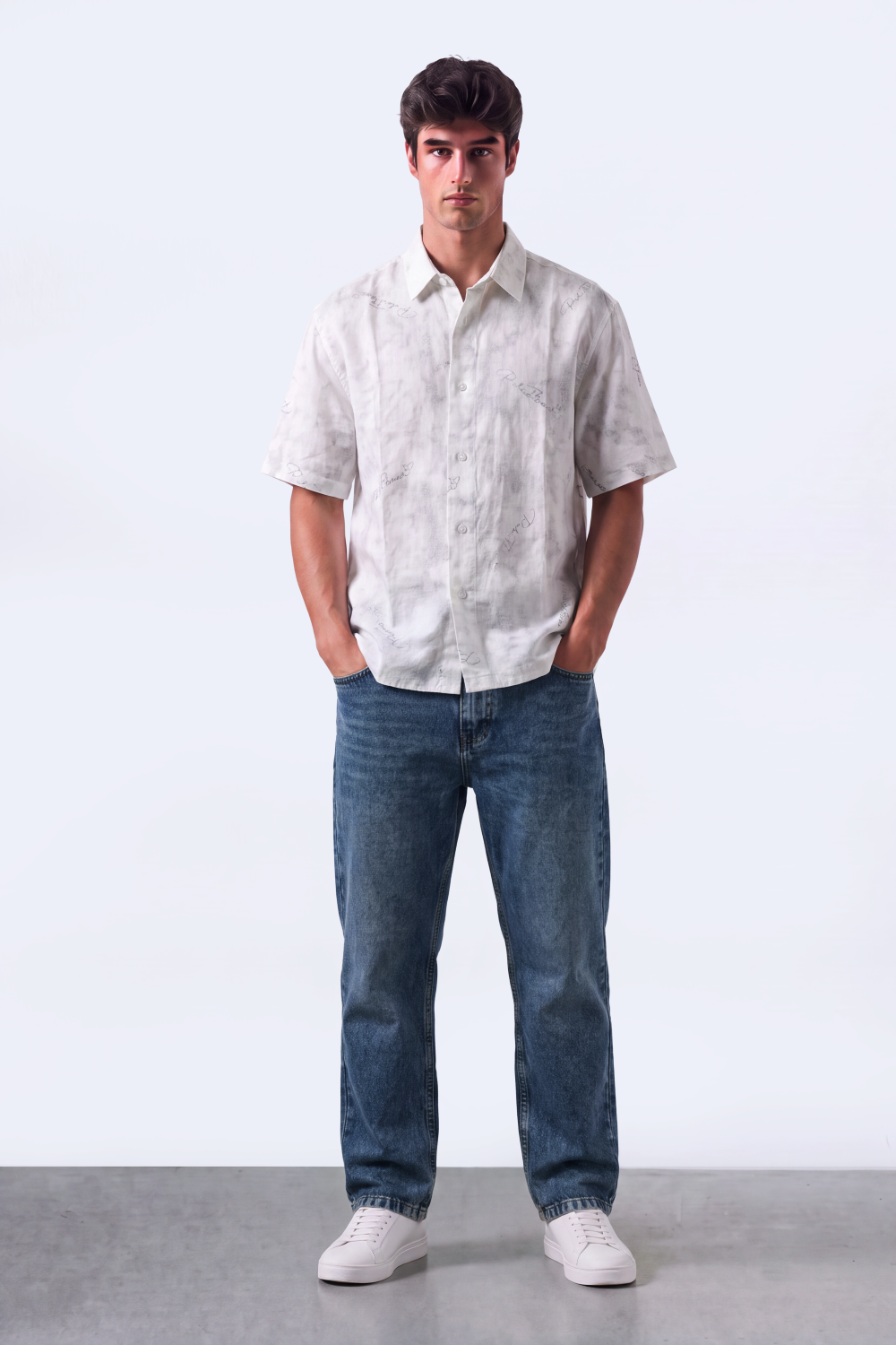 Men's Tomato Store Summer Blend Shirt Allover Script Embroidery Textured Woven Finish Box Short Sleeve Fit