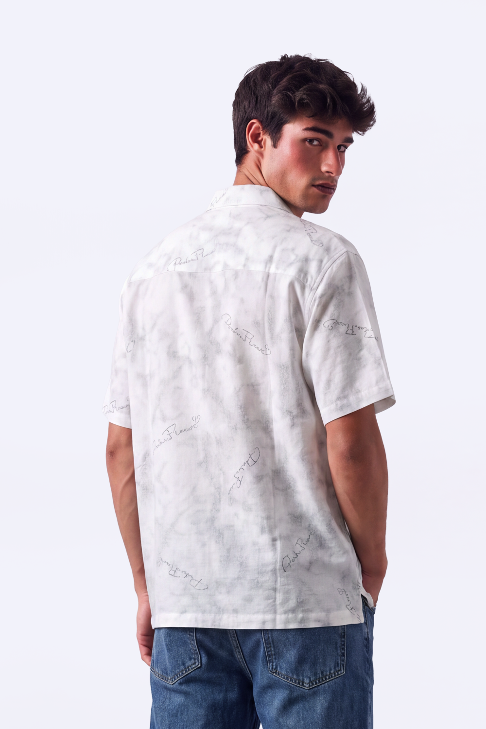Men's Tomato Store Summer Blend Shirt Allover Script Embroidery Textured Woven Finish Box Short Sleeve Fit