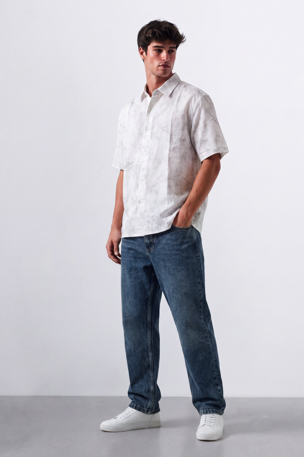 Men's Tomato Store Summer Blend Shirt Allover Script Embroidery Textured Woven Finish Box Short Sleeve Fit