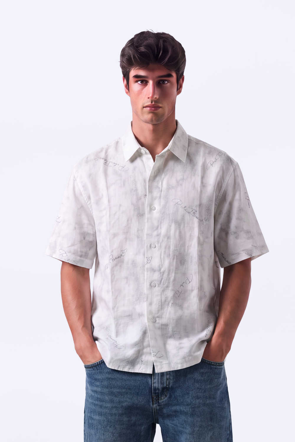 Men's Tomato Store Summer Blend Shirt Allover Script Embroidery Textured Woven Finish Box Short Sleeve Fit