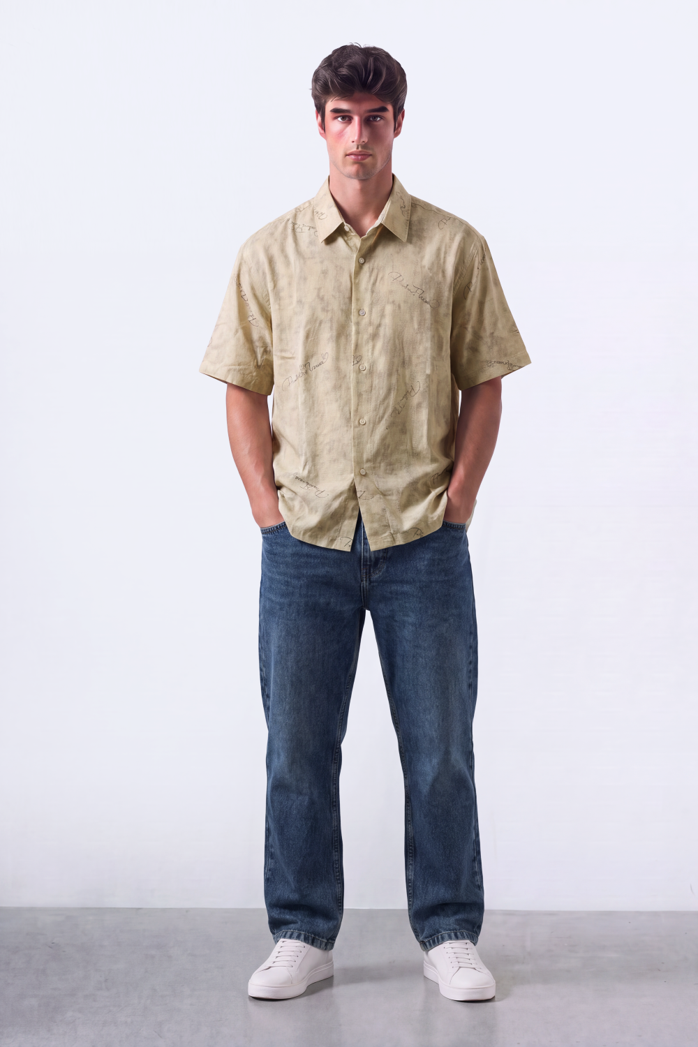 Men's Tomato Store Summer Blend Shirt Allover Script Embroidery Textured Woven Finish Box Short Sleeve Fit
