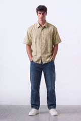 Men's Tomato Store Summer Blend Shirt Allover Script Embroidery Textured Woven Finish Box Short Sleeve Fit