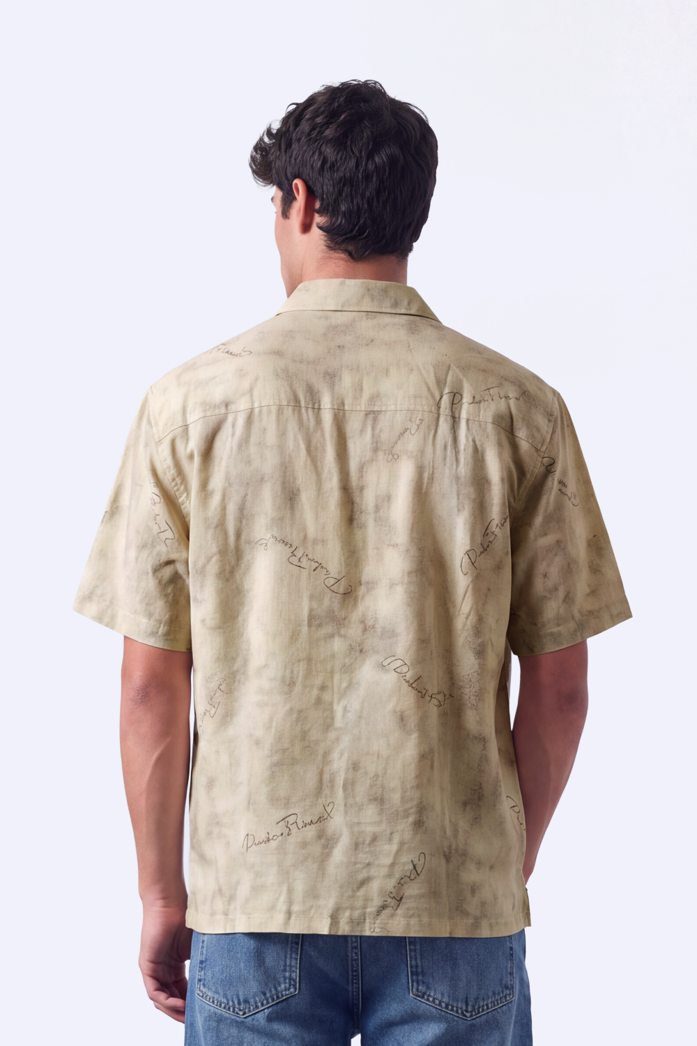 Men's Tomato Store Summer Blend Shirt Allover Script Embroidery Textured Woven Finish Box Short Sleeve Fit