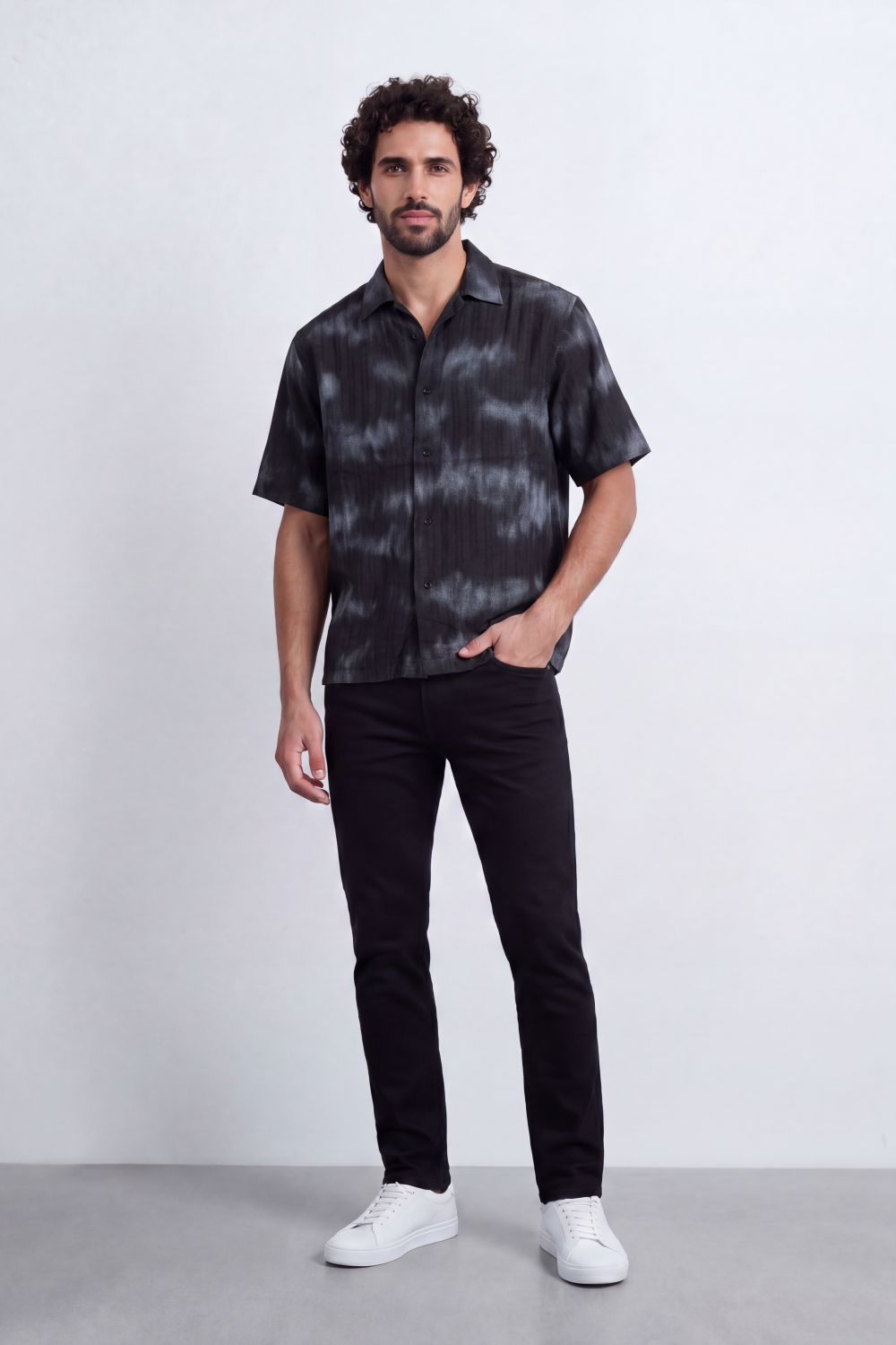 Men's Tomato Store Summer Satin-Look Resort Shirt Abstract Cloud Wash Pattern Open Collar Box Fit