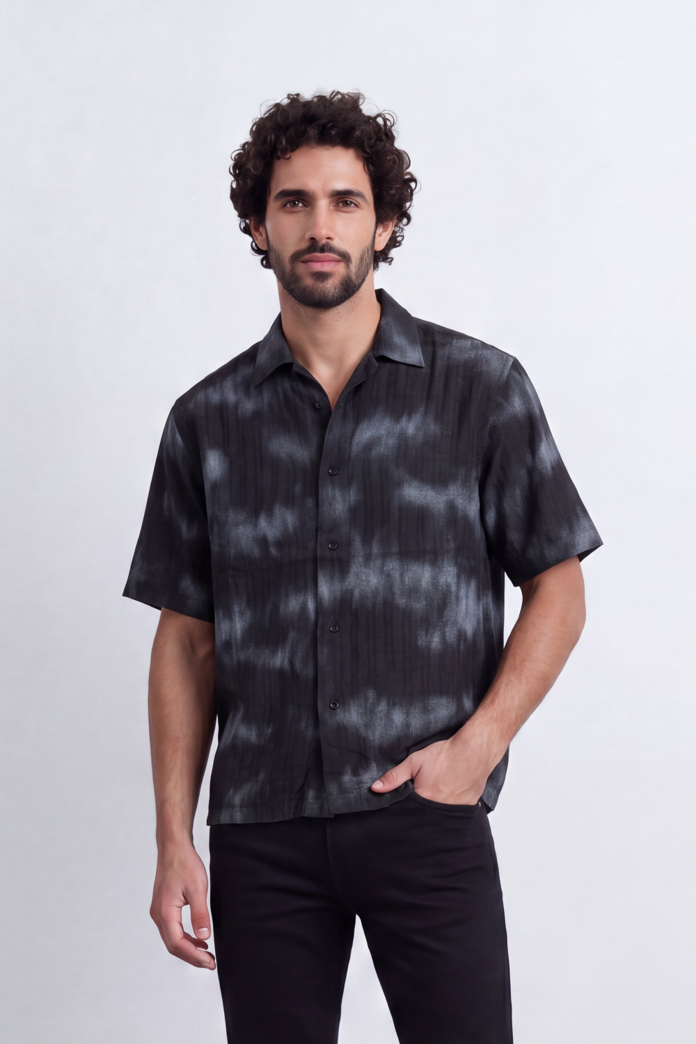 Men's Tomato Store Summer Satin-Look Resort Shirt Abstract Cloud Wash Pattern Open Collar Box Fit
