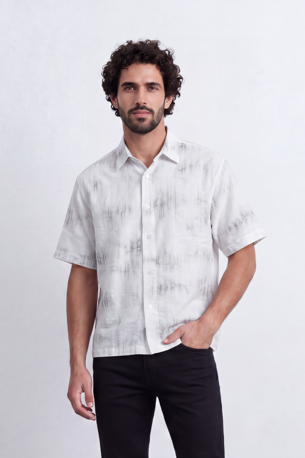 Men's Tomato Store Summer Satin-Look Resort Shirt Abstract Cloud Wash Pattern Open Collar Box Fit