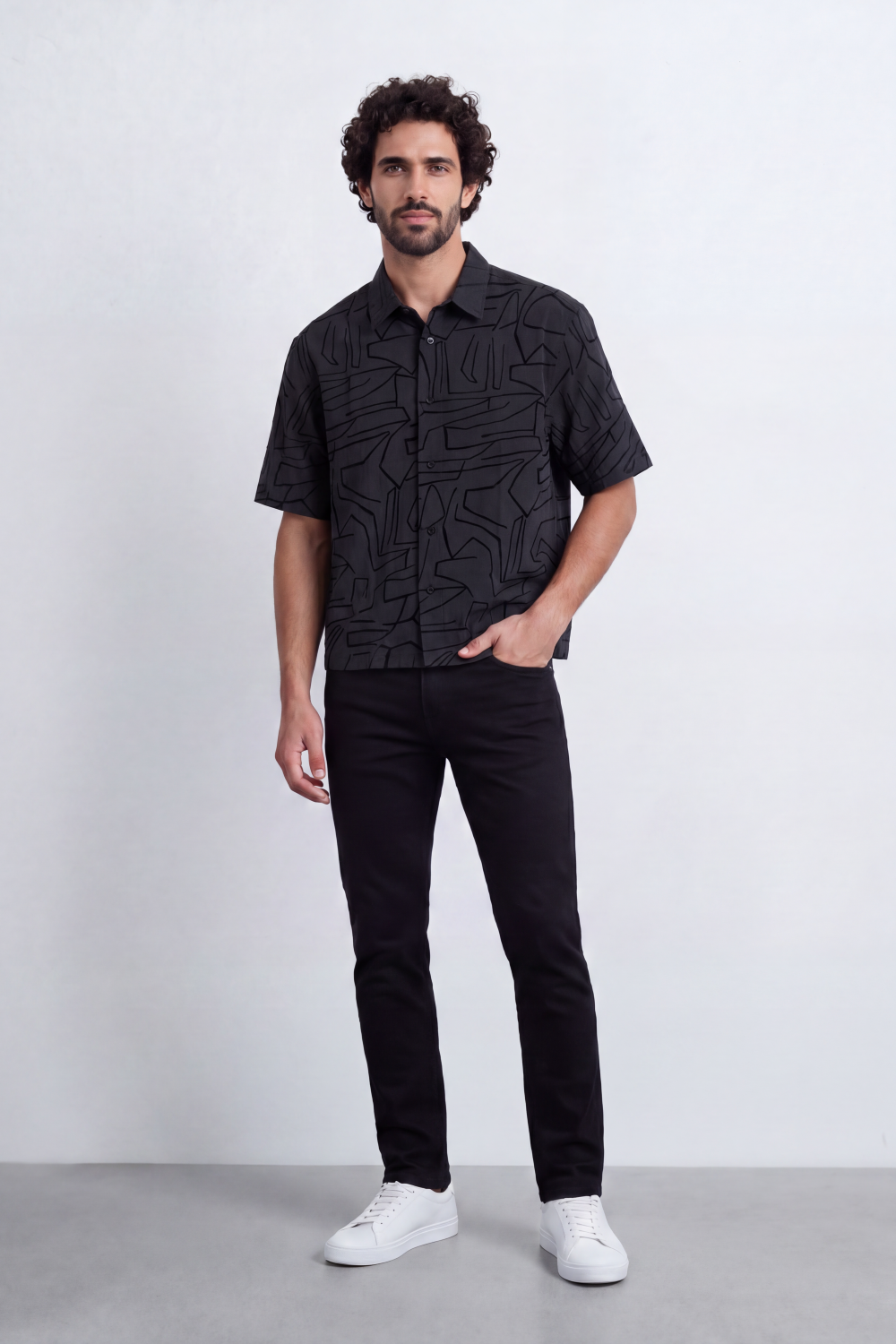 Men's Tomato Store Textured Resort Shirt Tonal Abstract Line Pattern Open Collar Box Fit