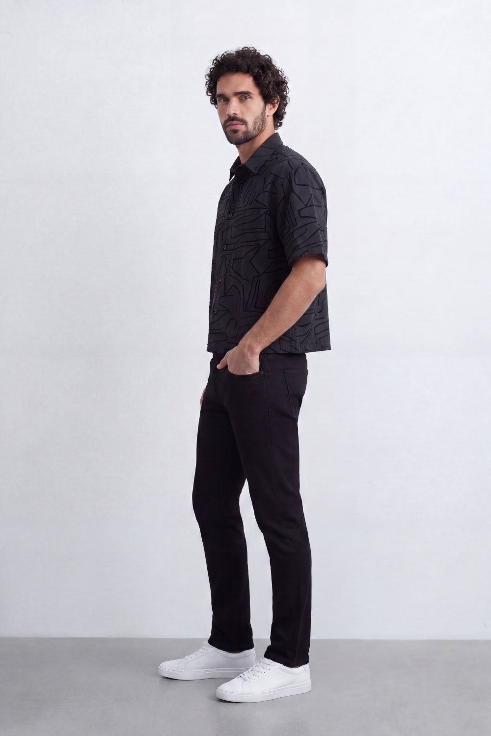 Men's Tomato Store Textured Resort Shirt Tonal Abstract Line Pattern Open Collar Box Fit