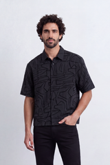 Men's Tomato Store Textured Resort Shirt Tonal Abstract Line Pattern Open Collar Box Fit
