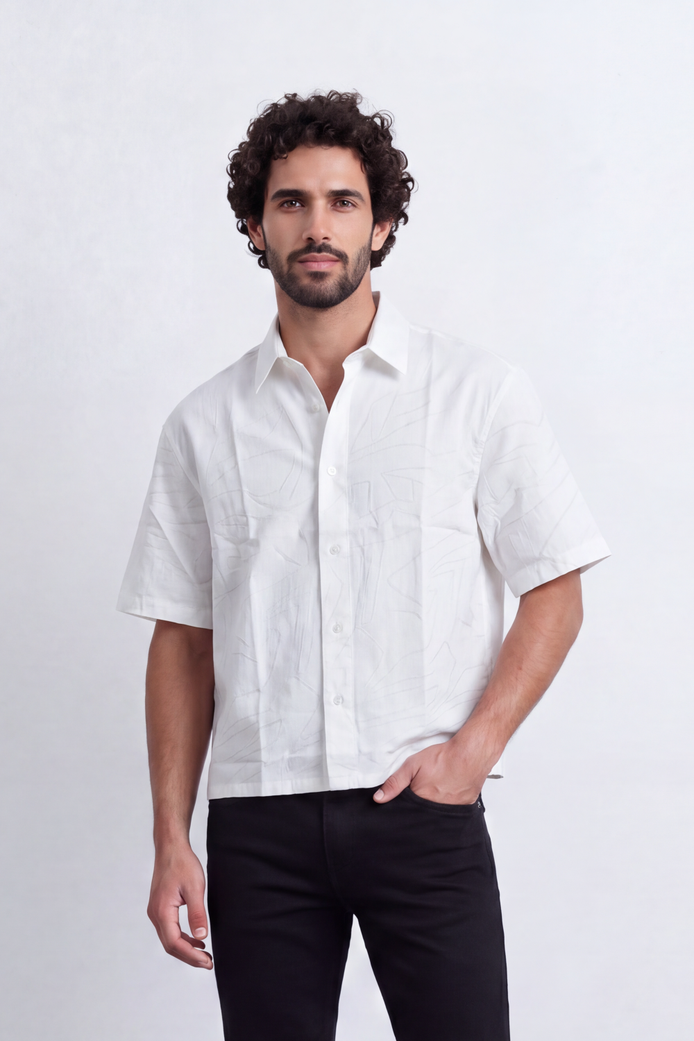 Men's Tomato Store Textured Resort Shirt Tonal Abstract Line Pattern Open Collar Box Fit