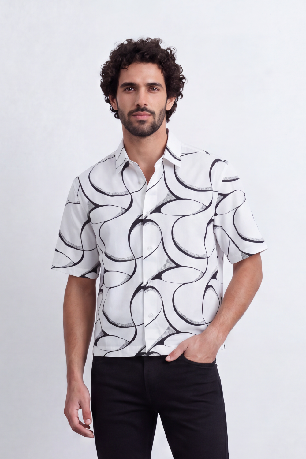 Men's Tomato Store Summer Printed Resort Shirt Bold Abstract Loop Artwork Box Fit