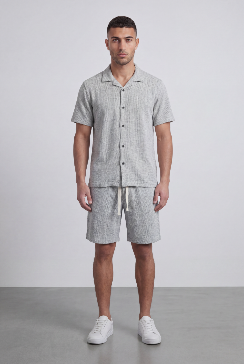 Men’s Tomato Store Airy Knit Resort Co-Ord Open Collar Textured Surface Button Front Regular Fit Outfit