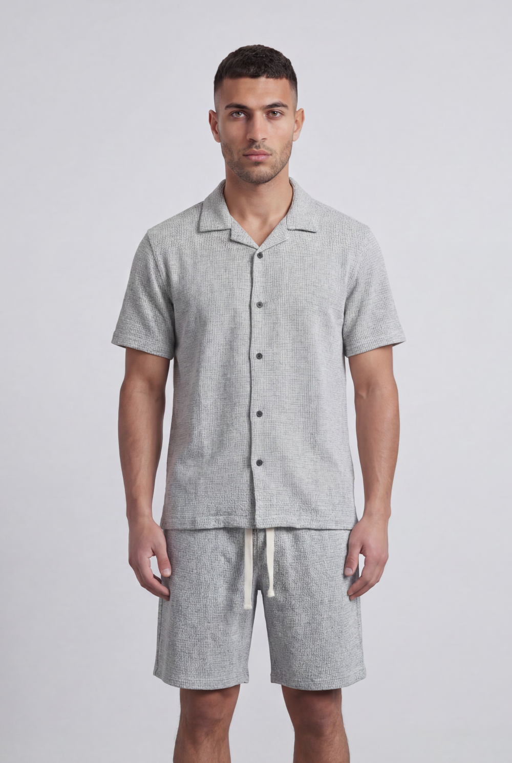 Men’s Tomato Store Airy Knit Resort Co-Ord Open Collar Textured Surface Button Front Regular Fit Outfit