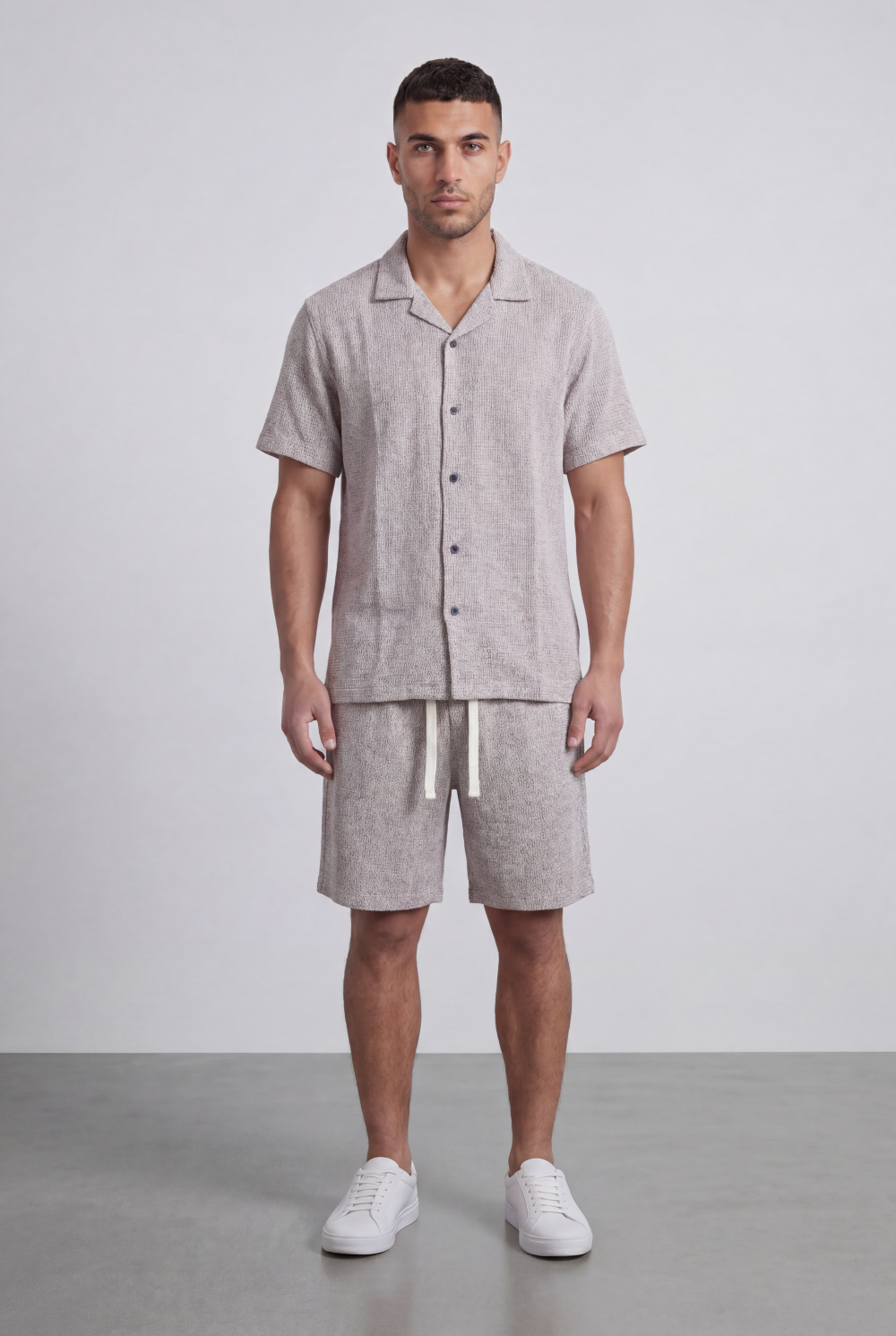 Men’s Tomato Store Airy Knit Resort Co-Ord Open Collar Textured Surface Button Front Regular Fit Outfit