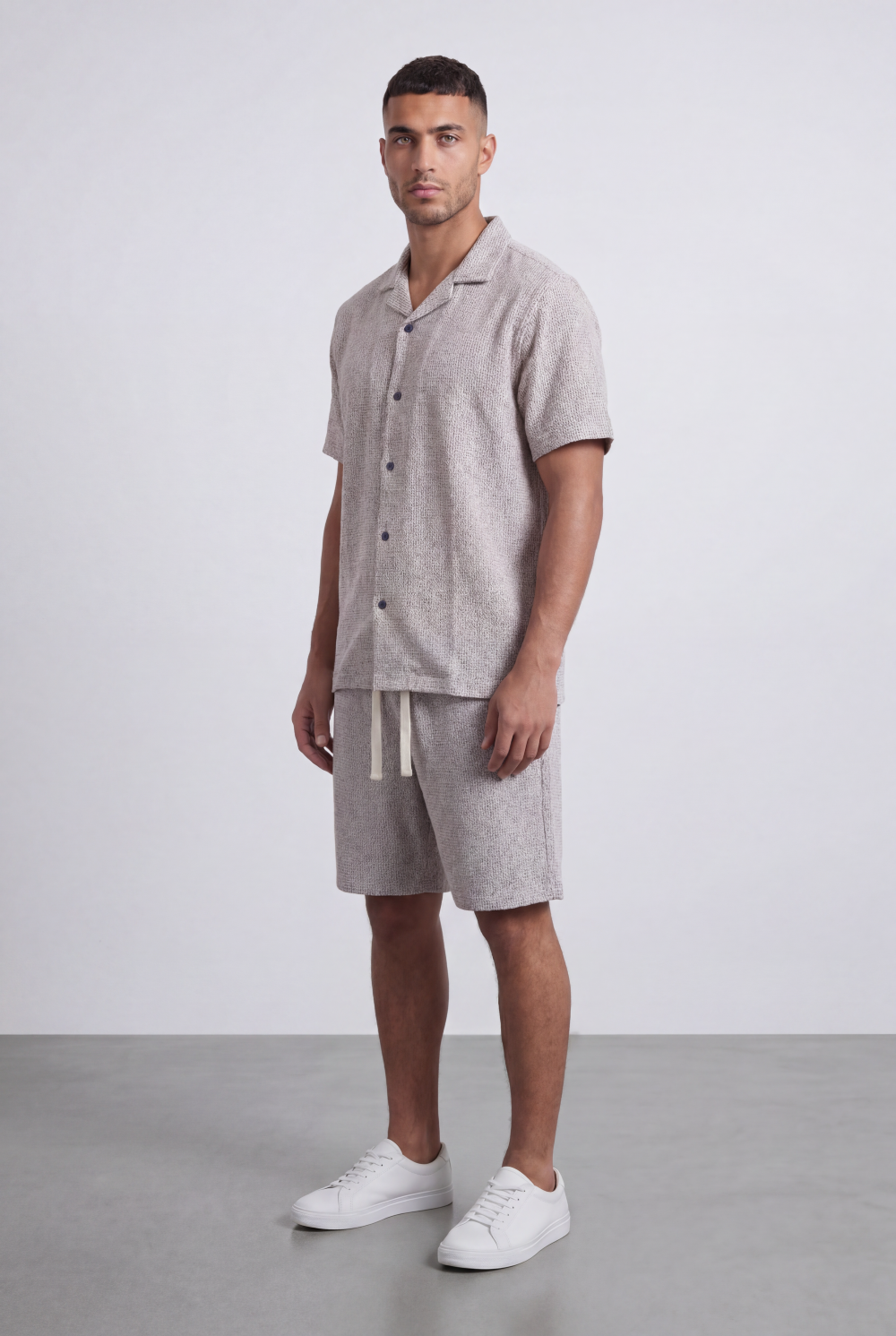 Men’s Tomato Store Airy Knit Resort Co-Ord Open Collar Textured Surface Button Front Regular Fit Outfit
