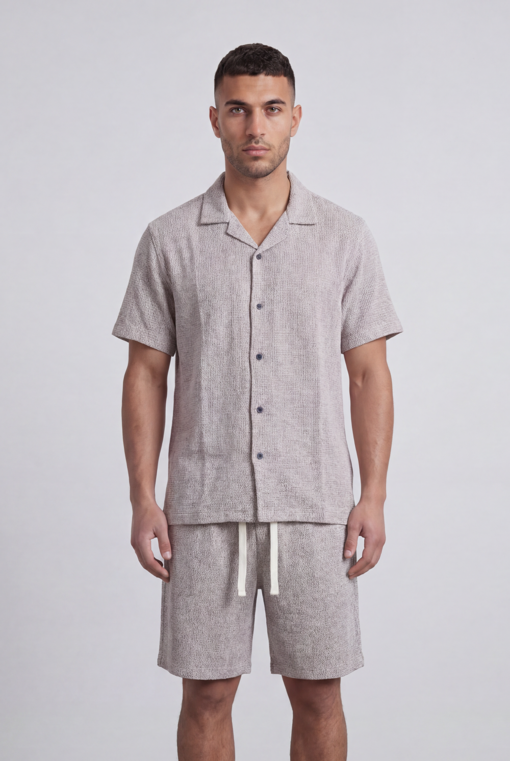 Men’s Tomato Store Airy Knit Resort Co-Ord Open Collar Textured Surface Button Front Regular Fit Outfit