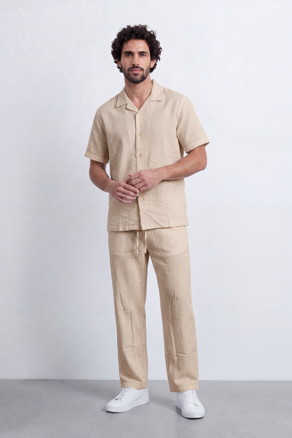 Men's Tomato Store Summer Linen-Look Co-Ord Set Camp Collar Regular Fit Outfit Natural Textured Finish