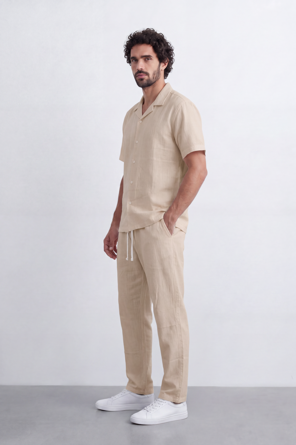 Men's Tomato Store Summer Linen-Look Co-Ord Set Camp Collar Regular Fit Outfit Natural Textured Finish